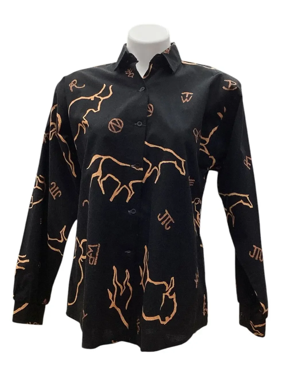 Vintage Roper Women’s Top Size M Button Down Cotton Bull Motif Black And Orange